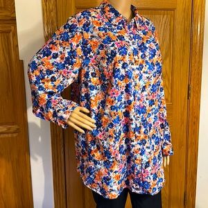 Roaman’s multicolored button up blouse with beautiful ruching on back